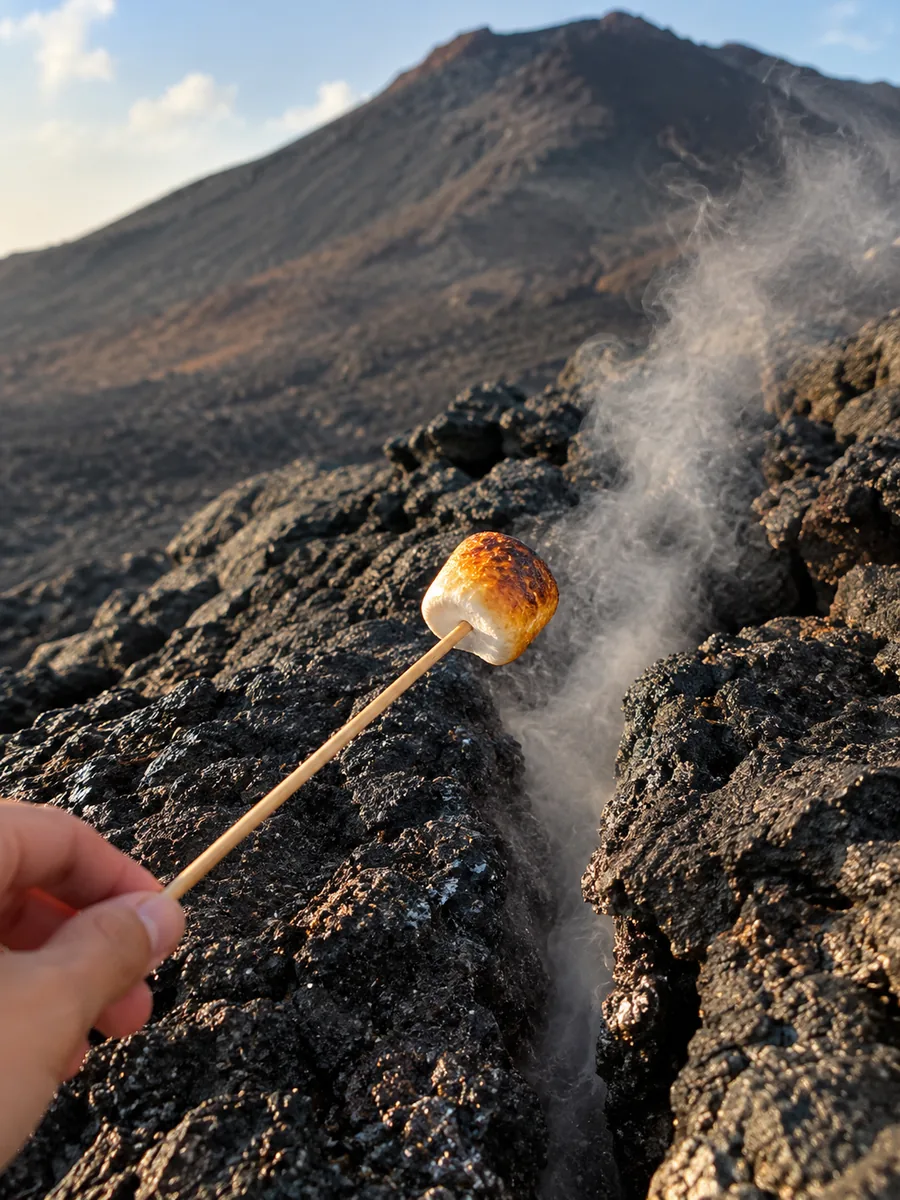 A marshmallow toasting on a stick over a steaming crack in black lava rock