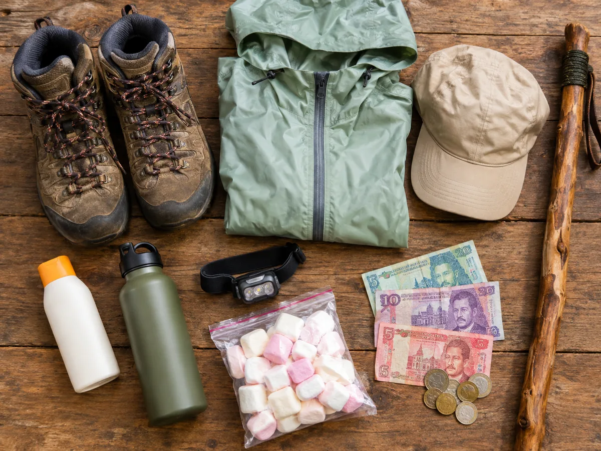 Hiking boots, a rain jacket, a cap, sunscreen, a bottle, a headlamp, marshmallows, a walking stick and quetzal notes laid out on wood