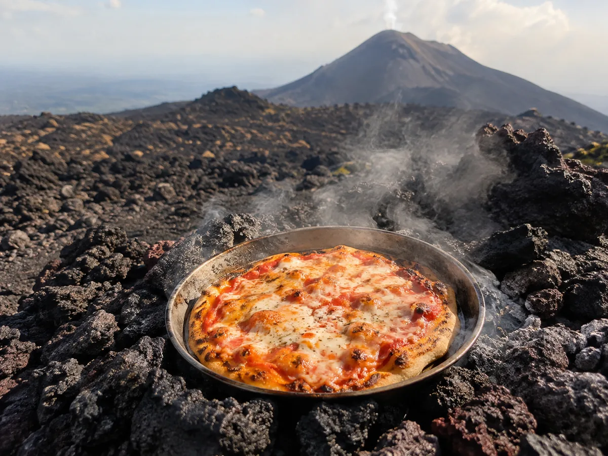 A pizza baking in a metal pan on hot black lava rock with steam rising around it